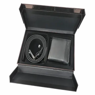 Pierre cardin, set de curea si portofel de piele 2 piese, negru, model cz001